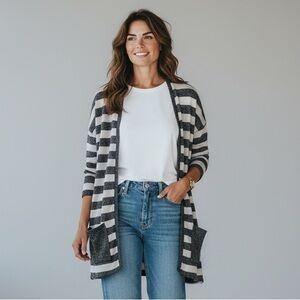 💥 Poof! Striped Open-Front Cardigan - Gray & White